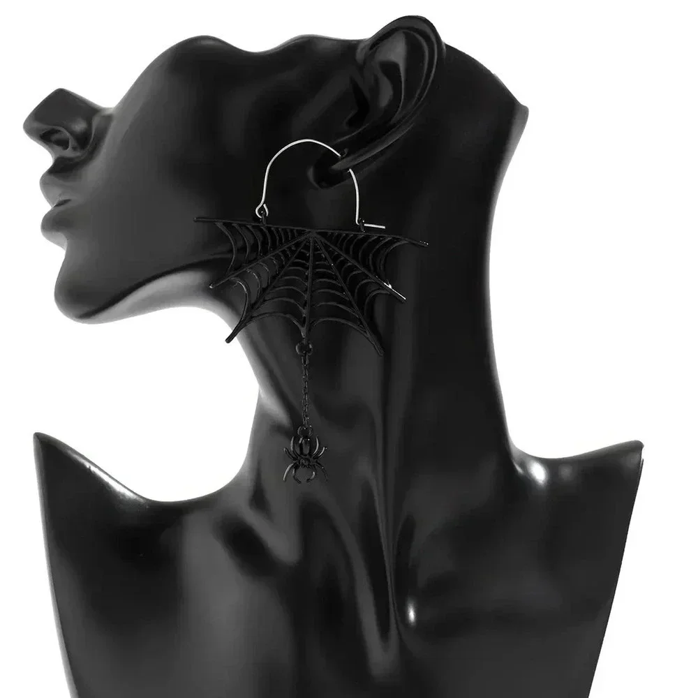 Halloween Sweet Cool Spider Mesh Fringe Earrings Dark Wind Metal Cutout